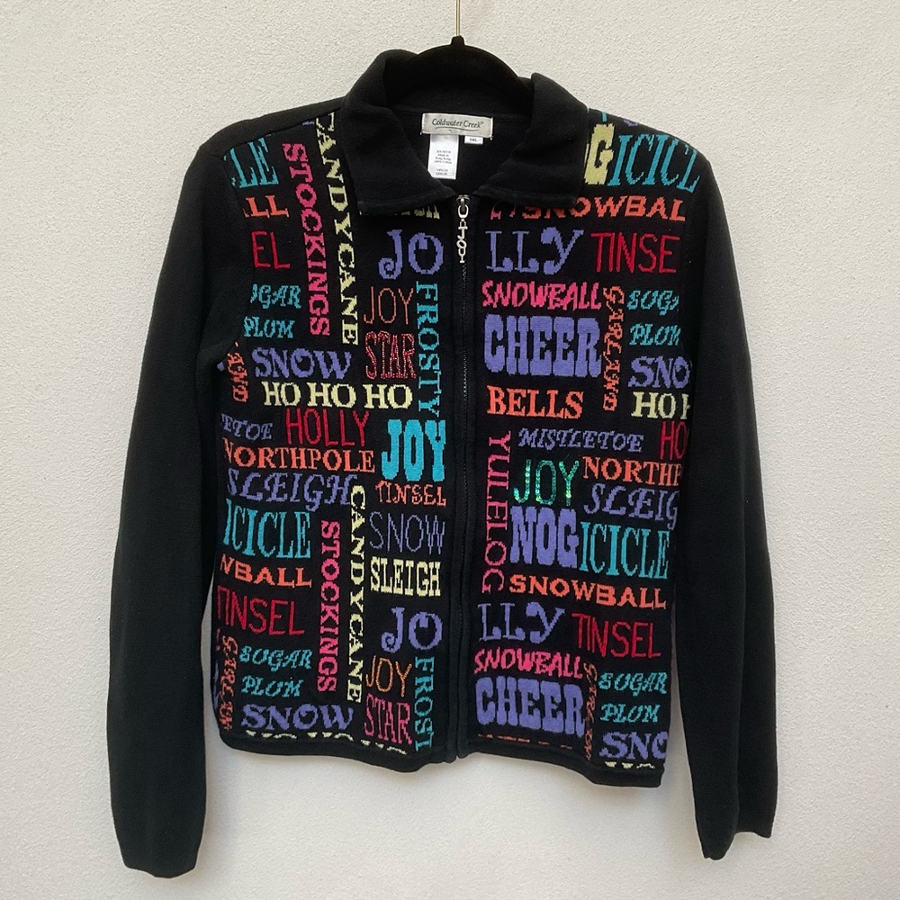 Coldwater Creek Black Full Zip Sweater with Festive Holiday Words Size Small